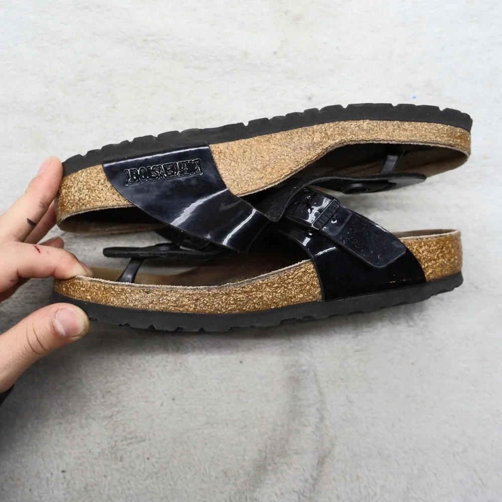 Birkenstock Women 4 EU35 Sandals Black Gizeh Patent Birko-Flor Cork Thong READ